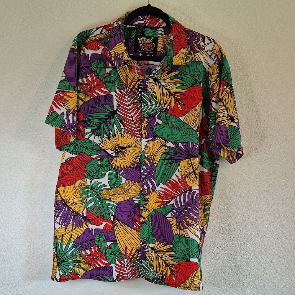 Good Vibes Purple Green Red Yellow Tropical Foliage Button Down Shirt XL Summer